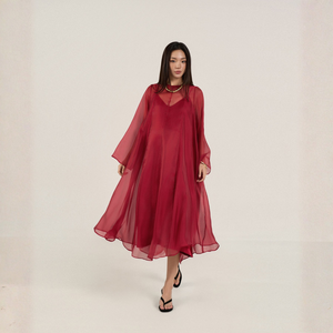 Robe midi en organza transparent pour femme, en soie voile, col rond, manches classiques, taille ample, style décontracté minimaliste respirant (OEM) - Product Image 1