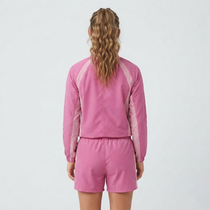 Ensemble de survêtement d'été personnalisé OEM pour femme, avec fermeture éclair, color block, vêtements de sport, ensemble de jogging, coupe-vent en nylon, ensemble court rose pour femme - Product Image 6