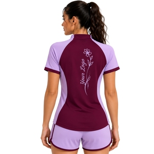 Burgundy And Lilac Womens Half <b>Zip</b> Sports T Shirt And <b>Shorts</b> Set Quick Dry <b>Short</b> Sleeve Activewear Fitness Gym Tennis Outfit - Product Image 2