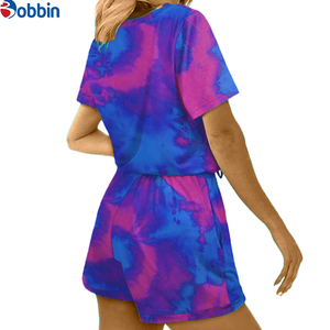 Ensemble T-shirt et short en coton de haute qualité, coupe oversize à épaules tombantes, unisexe, avec logo personnalisé, streetwear pour femme, 2 pièces, tie-dye, ensembles d'été - Product Image 6