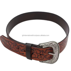 Cinturón de Cuero Occidental de Primera Calidad Color Marrón para Unisex con Grabado Floral Tallado a Mano y Hebilla de Latón de Diseño - Product Image 6
