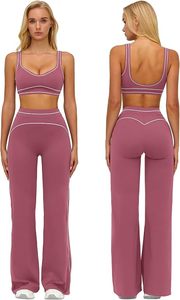 <b>Women</b> Solid Color Halter Crop <b>Top</b> Wide Leg High Waist Full Length Yoga Pants Activewear Set Spandex Knitted Four-Way Stretch - Product Image 4