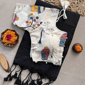 Ropa Étnica de Diseño: Sari de Algodón Khadi con Bordado Estilo Boutique y Blusa Acolchada - Product Image 1