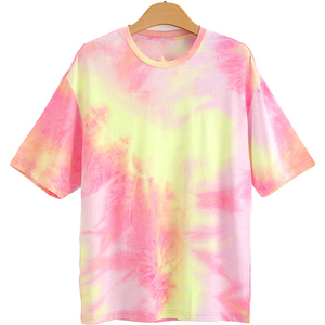 เสื้อยืดแขนสั้นผู้ชาย ลายมัดย้อม คอกลม ทรงปกติ ผ้าถักลำลอง สีชมพูเหลือง ลายพิมพ์ - Product Image 1