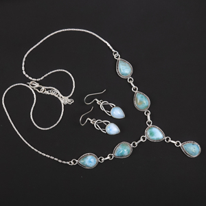 925 Sterling <b>Silver</b> Plated Natural Larimar Gemstone Teardrop Multi-Stone <b>Necklace</b> <b>and</b> Matching <b>Earrings</b> Jewelry <b>Set</b> for Women - Product Image 2
