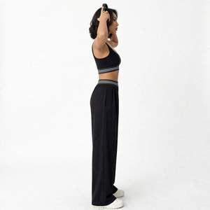 Women Yoga Set <b>White</b> Crop Top Wide Leg Pants High Waist V-Shaped Spandex/Polyester Breathable <b>2</b> <b>Piece</b> Activewear Racerback - Product Image 5