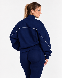 Conjunto Deportivo Casual de Dos Piezas para Mujer con Cremallera y Líneas en Contraste, Chaqueta de Corte Holgado y Pantalones de Pierna Ancha a Juego, a la Moda - Product Image 4