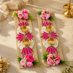 Pink Lotus Floral Diya Decoration Pair Handmade Gold Patti Pearl Wedding <b>Mandir</b> Pooja Festival Home Decor Gift Item - Product Image 2