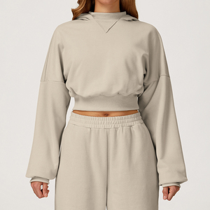 Sweat-shirt à capuche court en tricot marron pour femme, manches longues, coupe ample, vêtements de sport pour la course à pied et le fitness - Product Image 3