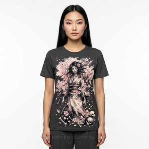 Camiseta gráfica japonesa de Sakura para mujer, camiseta con estampado de flor de cerezo y kimono, camiseta personalizada con calavera floral, ropa urbana oriental para mujer - Product Image 1