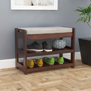 Zapatero de madera para el hogar - Banco de entrada de madera Sheesham con cojín y estante de almacenamiento para organizar zapatos (Miel) - Product Image 1