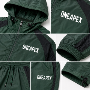 Conjunto Deportivo para Hombre, Chaqueta Cortavientos con Capucha Verde Oscuro, Pantalones Jogger de Nailon Ligero, Ropa Deportiva Personalizada - Product Image 5