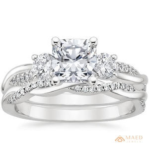 Anillo de compromiso y boda de moissanita con corte cojín, tono plateado, con piedras laterales pavé retorcidas, regalos de joyería para ella - Product Image 1
