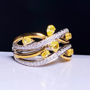 Women 18K Solid <b>Gold</b> <b>Cocktail</b> <b>Ring</b> With Pear Cut Yellow Diamonds Pave Setting Geometric Luxury Fine Jewelry - Product Image 2