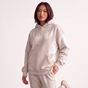 custom womens beige cream pullover hoodie front pouch pocket plain blank heavyweight fleece drop shoulder relaxed fit <b>tops</b> - Product Image 1