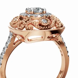 Anillo de Diamante Cultivado en Laboratorio Vintage con Halo Ornamentado en Forma Redonda, Oro Rosa, 33 Piezas, Certificado IGI, Claridad VVS, Lujoso para Mujer - Product Image 3