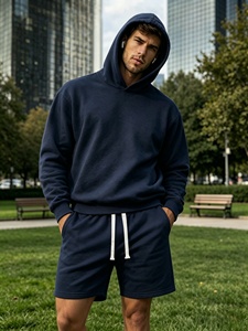 Ensemble sweat-shirt à capuche et short pour homme, bleu marine, décontracté, couleur unie, tissu French Terry, tenue d'été - Product Image 2