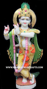 Estatua de Mármol Blanco Makrana Hecha a Mano del Dios Krishna, con Silbato, en Posición de Pie, Estilo Elegante, Rectangular, Duradera y Tradicional - Product Image 3