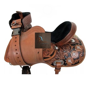 Selle de cheval western en cuir marron repoussé avec gravures florales, siège en daim noir orné de cristaux transparents, avec kit de harnais, 10-18 pouces - Product Image 3