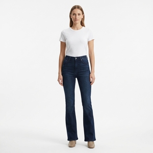 <b>Women</b> Mid Waist Flare Jeans Dark Blue Skinny <b>Stretch</b> Denim Pants Breathable Fashion Casual <b>Trousers</b> - Product Image 1