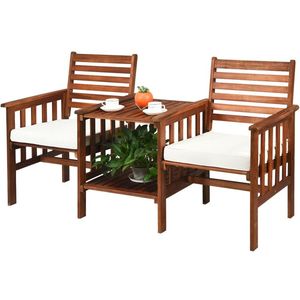 Acacia <b>Wood</b> Loveseat Outdoor Patio <b>Table</b> and Chairs Set 3-Piece <b>Garden</b> Furniture - Product Image 3