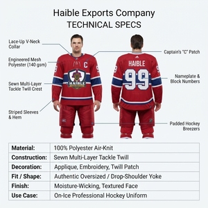 Maillot de hockey pour hommes adultes en maille aérée 100 % polyester, col en V traditionnel à lacets, uniforme de hockey sur glace rayé style Heritage en sergé. - Product Image 5