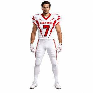 Nuevo Diseño de Uniforme de Fútbol Americano para Hombre, Conjunto de Jersey y Pantalones con Estampado por Sublimación en Blanco y Rojo, Número 7, Poliéster Transpirable - Product Image 3