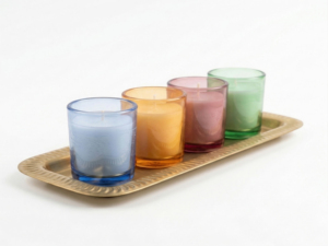 Set of 4 Votive <b>Candles</b> in Colored Glass Holders with Decorative Gold <b>Tray</b> - Product Image 4