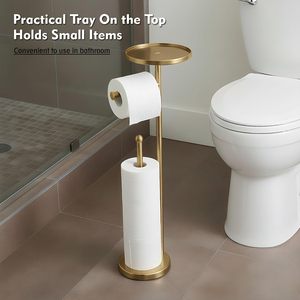 Porte-rouleau de papier toilette de luxe doré sur pied avec étagère de rangement et support pour brosse WC, multifonctionnel pour salle de bain - Product Image 3