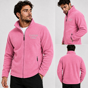 Chaqueta de Forro Polar Rosa para Hombre, con Cierre Completo, Cuello Alto, Logotipo Personalizado en la Parte Delantera, Ropa Casual de Invierno Cálida, Forro de Algodón, Bordado, Tejido de Punto - Product Image 1