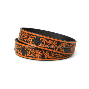 Cinturón Western Profesional de Primera Marca, Personalizado, Negro y Naranja, con Diseño Floral en Relieve, de Cuero Granulado, para Hombre y Mujer, de Alta Calidad, Estilo Vintage - Product Image 2