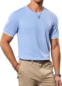 T-shirt en coton bleu clair pour homme, coupe ajustée, col rond, manches courtes, décontracté, tricoté, respirant, couleur unie - Product Image 4