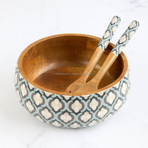 Bol à salade en bois artisanal avec intérieur en émail floral coloré, bol de service, bol décoratif pour la cuisine et la salle à manger, Inde - Product Image 3