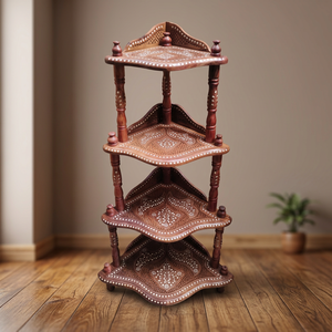 Estante de Esquina de Madera Tallada a Mano Clásico, Estante de Almacenamiento Plegable de 4 Niveles con Incrustaciones de Latón, Organizador Decorativo - Product Image 1