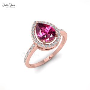 Produits phares : Bague halo en grenat rhodolite taille poire 8x6mm en or massif 14 carats, or rose, bague de fiançailles, cadeau pour Noël - Product Image 3