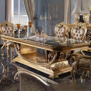 European Royal Classic Handmade Dining <b>Table</b> Set With Tempered Glass <b>Top</b> And <b>Wood</b> Legs For Home Furniture - Product Image 4