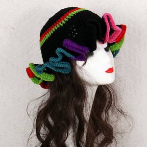 Y2K Fashion Handmade Crochet Bucket <b>Hat</b> for Women Rainbow Ruffle Knitted <b>Hat</b> for Casual Outdoor Party Travel Daily Use - Product Image 3