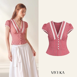 ODM OEM Women's <b>Red</b> <b>Gingham</b> V Neck Cap Sleeve Blouse Lace Inset Vintage Button Up Corset Peplum Top Casual Summer Shirt NOELLE - Product Image 1