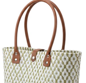 Wholesale Olive Green And White Floral Pattern Handmade <b>Bag</b> And Handbag With Brown Leather Handles For Summer <b>Beach</b> - Product Image 4