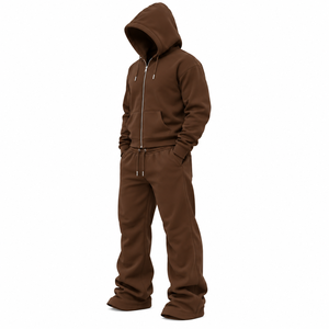 Unisex <b>Brown</b> Full Zip Hooded Tracksuit <b>Set</b> Solid Color Casual Sweatpants With Side Pockets Autumn Wear Regular Fit - Product Image 6