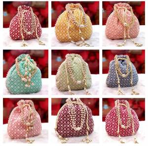 Indian Handmade Chikankari Embroidery Wrist <b>Handbag</b> Unisex Cotton Satin Lining Wedding Gift/Party Favor Coin Potli String - Product Image 1
