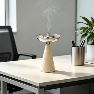 Quemador de incienso de lujo personalizado de piedra caliza crema con tapa metálica cepillada con diseño griego y base cónica de travertino para carbón y bakhoor - Product Image 4