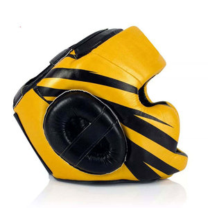 Protège-tête de boxe en cuir PU jaune avec bandes noires, fermeture à cliquet, équipement de protection pour adultes, usage sportif unisexe - Product Image 2