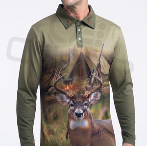 Chemises polo à manches longues pour hommes avec logo personnalisé, tissu en toile respirant, vente en gros, vêtements de chasse en plein air - Product Image 3