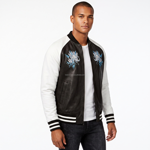 Veste universitaire d'hiver pour homme, noire et blanche, broderie dragon, col montant, fermeture à bouton unique, coupe classique, style décontracté, coupe-vent - Product Image 5