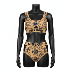 ชุดบิกินี่ผู้หญิง พรีเมียม 220 GSM โพลีเอสเตอร์ผสมสแปนเด็กซ์ สีเบจ-ดำ พิมพ์ลายกราฟิก แต่งผ้าตาข่าย แถบโลโก้แจ็คการ์ด - Product Image 1