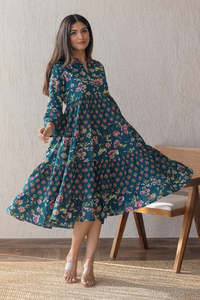 Vestido Midi Boho con Estampado Floral, Cuello en V, Mangas Farol, Corte Holgado en A, Cintura Imperio, Tejido Transpirable, Vestido Casual de Verano - Product Image 2