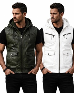 Gilet en cuir à capuche pour homme, fait main, en cuir véritable, veste sans manches pour motard - Product Image 1