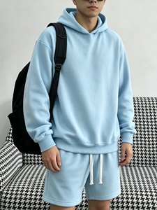 Ensemble sweat à capuche et short bleu clair pour homme, couleur unie, tenue décontractée d'été en molleton tricoté confortable - Product Image 2