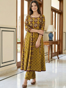 <b>Women</b> Traditional Digital Print Cotton <b>Kurta</b> Trousers Knee-Length Regular Fit Casual Ethnic Wear India Pakistan Style Quick Dry - Product Image 1